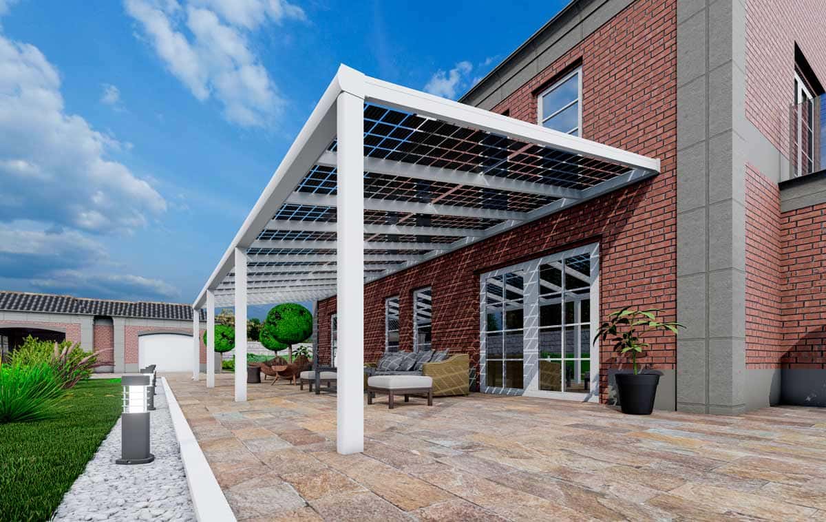 Solardach 7480 Watt/p auf einer Terrassen&uuml;berdachung in Wei&szlig; mit 22 Photovoltaik-Paneelen